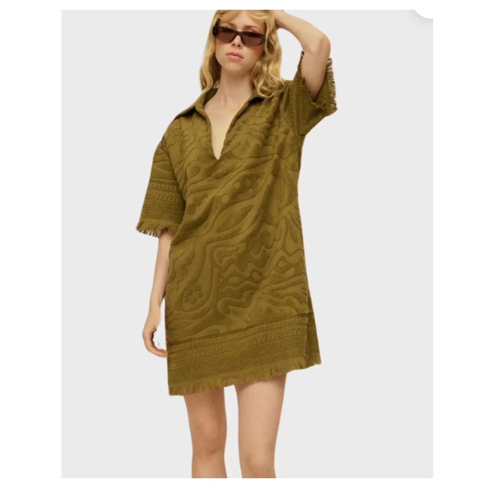 NEW OAS‎ Terry textured fringe mini Dress in Olive green Aya Size M boho
